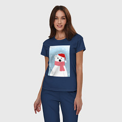 Пижама хлопковая женская Мультяшный белый медведь в красной шапке с шарфом, цвет: тёмно-синий — фото 2