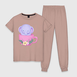 Пижама хлопковая женская Милый слонёнок внутри чашки с цветами, цвет: пыльно-розовый