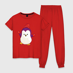 Пижама хлопковая женская Пингвин в шапке, цвет: красный