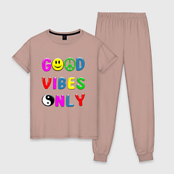 Пижама хлопковая женская Good vibes only, цвет: пыльно-розовый