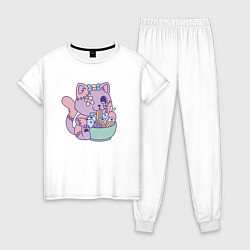 Пижама хлопковая женская Kawaii жуткий кот и рамен, цвет: белый