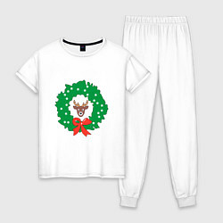 Пижама хлопковая женская Рождественский венок с оленем, цвет: белый