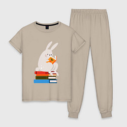 Пижама хлопковая женская Читающий кролик на книгах, цвет: миндальный
