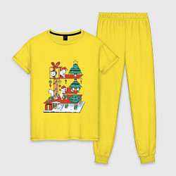 Пижама хлопковая женская Новогодние котята на домике с ёлками, цвет: желтый