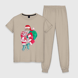 Пижама хлопковая женская Санта Клаус с мешком подарков на коньках, цвет: миндальный