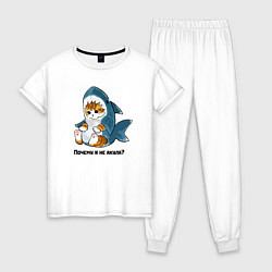 Пижама хлопковая женская Грустный котёнок в костюме акулы, цвет: белый