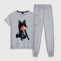 Пижама хлопковая женская Чёрная кошка Уэнсдэй, цвет: меланж