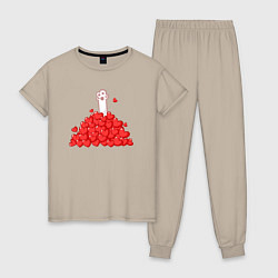 Пижама хлопковая женская Куча сердечек, цвет: миндальный