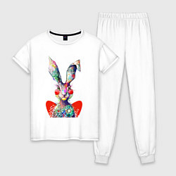 Пижама хлопковая женская Влюблённый акварельный заяц с сердцем, цвет: белый