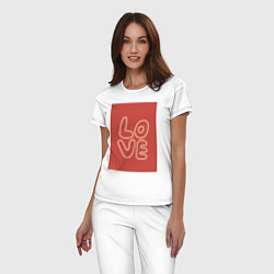 Пижама хлопковая женская Слово Love на красном прямоугольном фоне, цвет: белый — фото 2