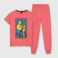 Пижама хлопковая женская Homer Simpson and cats - нейросеть арт, цвет: коралловый