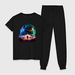 Пижама хлопковая женская Киборг и космический пейзаж, цвет: черный