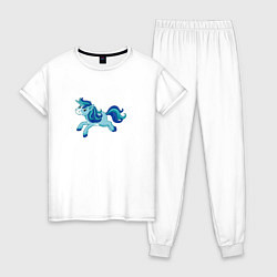 Пижама хлопковая женская Голубой мультяшный единорог, цвет: белый