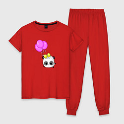 Пижама хлопковая женская Панда летит с шарами, цвет: красный