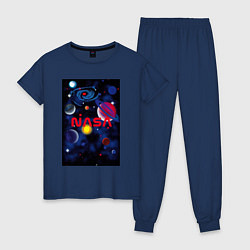 Пижама хлопковая женская Путешествие в космическую вселенную, цвет: тёмно-синий