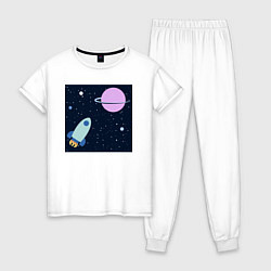 Пижама хлопковая женская Космос, ракета летит к планете, цвет: белый