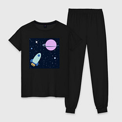 Пижама хлопковая женская Космос, ракета летит к планете, цвет: черный