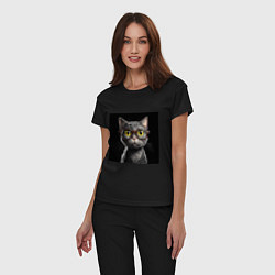 Пижама хлопковая женская Желтоглазый котик в очках, цвет: черный — фото 2