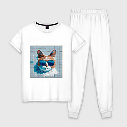 Пижама хлопковая женская Цифровой кот в темных очках, цвет: белый