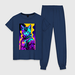 Пижама хлопковая женская Прикольный неоновый котёнок - киберпанк, цвет: тёмно-синий
