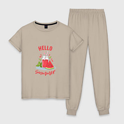 Пижама хлопковая женская Hello summer и сочный смузи из арбуза с базиликом, цвет: миндальный