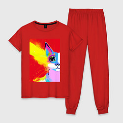 Пижама хлопковая женская Эскиз кошки, цвет: красный