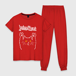 Пижама хлопковая женская Judas Priest rock cat, цвет: красный