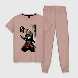 Пижама хлопковая женская Тигр самурай - иероглиф, цвет: пыльно-розовый