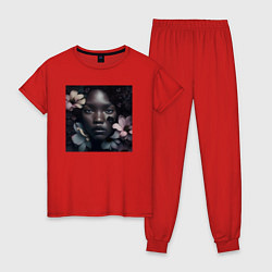 Пижама хлопковая женская Девушка в чёрных матовых цветах - нейросеть, цвет: красный
