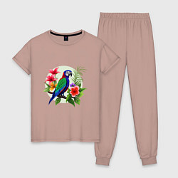 Пижама хлопковая женская Попугай среди цветов, цвет: пыльно-розовый