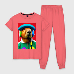 Пижама хлопковая женская Капибара в наушниках и шляпе - нейросеть, цвет: коралловый