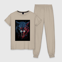 Пижама хлопковая женская Агрессивный злой волк, цвет: миндальный