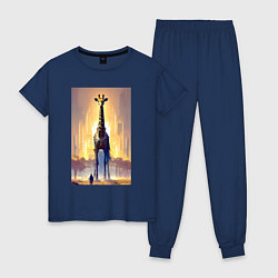 Пижама хлопковая женская Жираф в большом городе - фантазия - Нью-Йорк, цвет: тёмно-синий