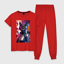Пижама хлопковая женская Взгляд чёрной кошки - киберпанк - нейросеть, цвет: красный