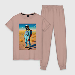 Пижама хлопковая женская Космонавт на планете синеглазых капибар, цвет: пыльно-розовый