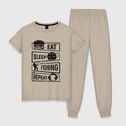 Пижама хлопковая женская Eat sleep fishing repeat, цвет: миндальный