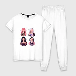 Пижама хлопковая женская Участницы Блэк Пинк в виде стикеров, цвет: белый