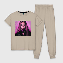 Пижама хлопковая женская Blackpink Jennie аниме рисунок, цвет: миндальный