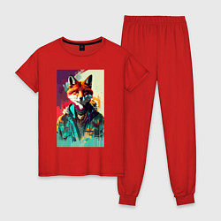 Пижама хлопковая женская Крутая модная лисичка - нейросеть, цвет: красный
