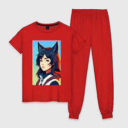 Пижама хлопковая женская Девочка-волчонок - нейросеть - аниме, цвет: красный