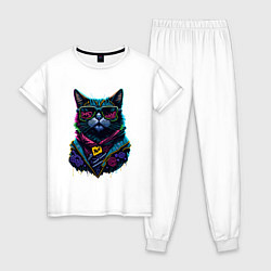 Пижама хлопковая женская Панк кот в очках, цвет: белый