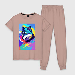 Пижама хлопковая женская Wolf - pop art - neural network, цвет: пыльно-розовый