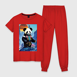 Пижама хлопковая женская Панда на берегу озера - нейросеть, цвет: красный