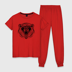 Пижама хлопковая женская Медведь в кепке и очках, цвет: красный
