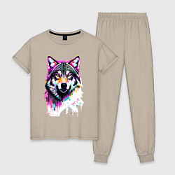 Пижама хлопковая женская Волчья морда - поп-арт - цвет, цвет: миндальный