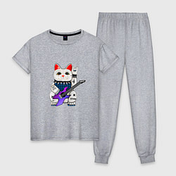 Пижама хлопковая женская Японский кот нэко с гитарой, цвет: меланж