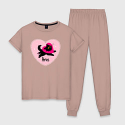 Пижама хлопковая женская Котик с сердечком - весы, цвет: пыльно-розовый