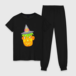 Пижама хлопковая женская Веселая тыква в шляпе: для вечеринки на Хэллоуин, цвет: черный
