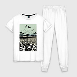 Пижама хлопковая женская Черепа и бабочки - психоделический пейзаж, цвет: белый