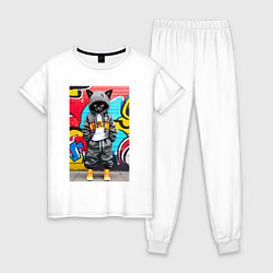 Пижама хлопковая женская Уличный котёнок хулиган на фоне граффити - нейросе, цвет: белый